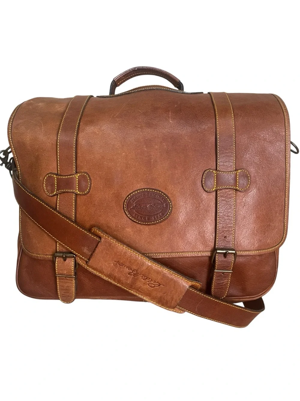 Vintage Eddie Bauer Leather Messenger Bag Briefcase Classic Timeless Preppy Tan